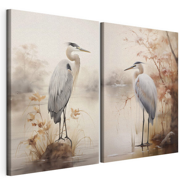 Modulaire canvasprint Twee vogels die op een rots in het water staan