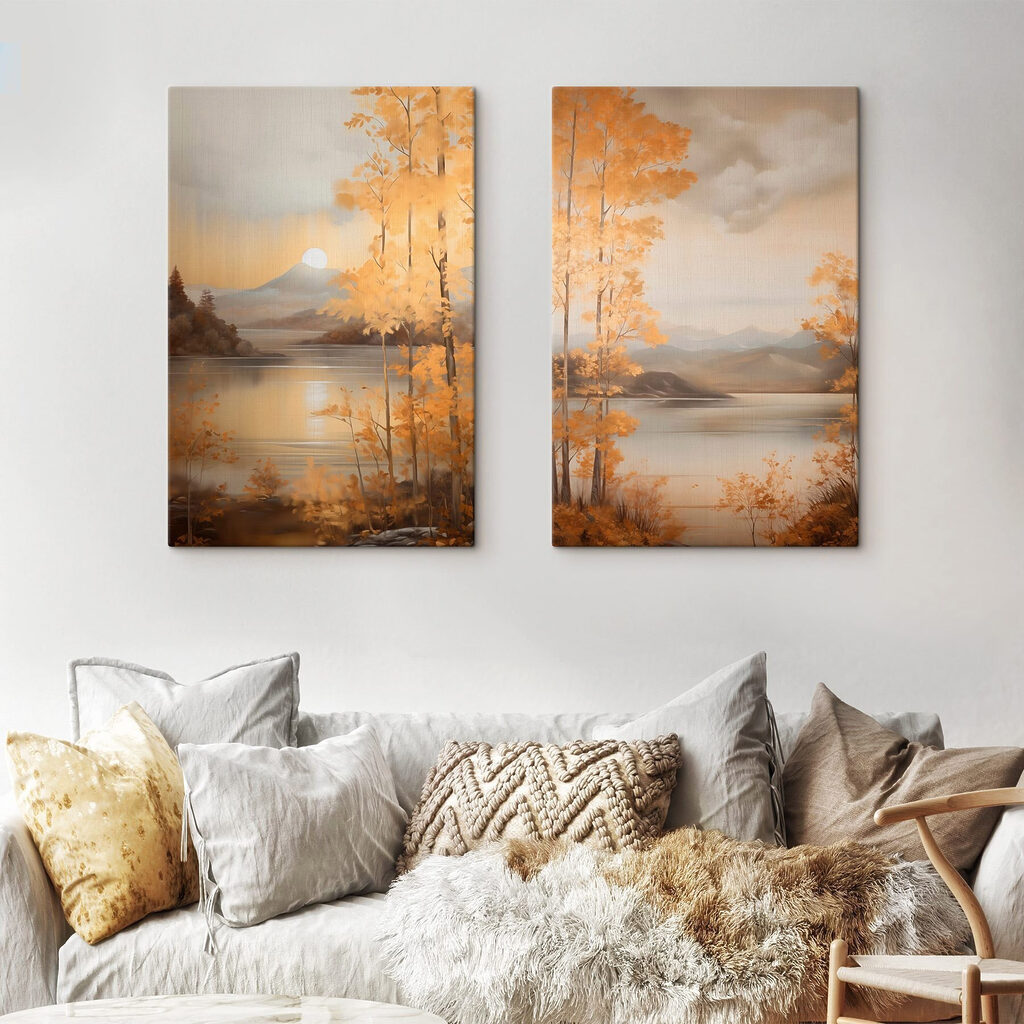 Painting of a mountain and a lake Painting of a mountain and a lake