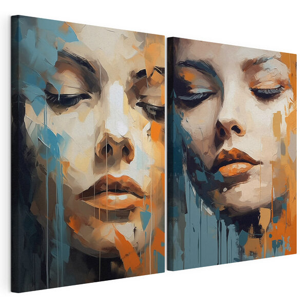 Het gezicht van een vrouw met oranje en blauwe verf Modulaire canvasprint Het gezicht van een vrouw met oranje en blauwe verf
