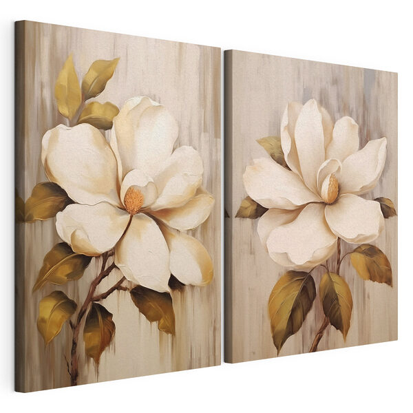 Schilderij van bloemen op een houten ondergrond Modulaire canvasprint Schilderij van bloemen op een houten ondergrond