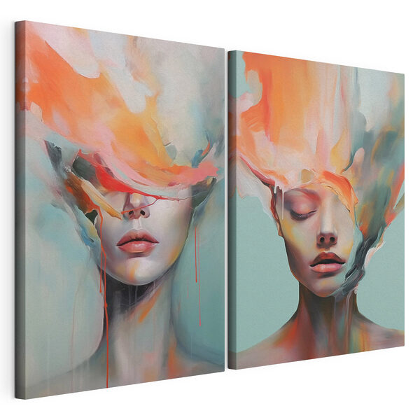 Collage van het gezicht van een vrouw en een schilderij Modulaire canvasprint Collage van het gezicht van een vrouw en een schilderij