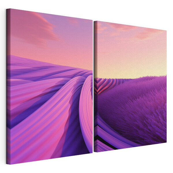 Lavendelveld met een roze en paarse lucht Modulaire canvasprint Lavendelveld met een roze en paarse lucht