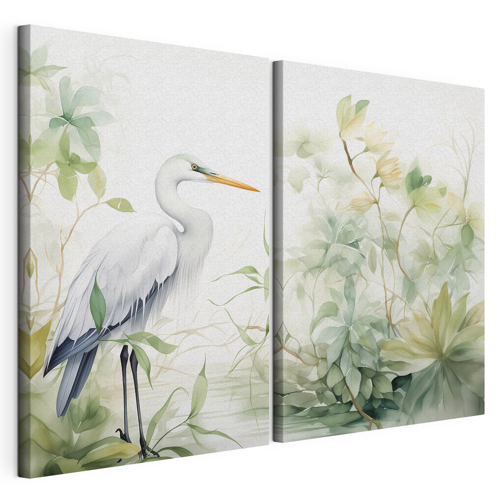 White bird with a long beak and a long beak standing in front of a plant