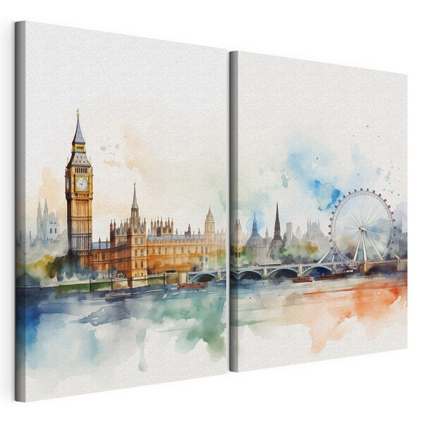 Aquarel van een stad en een reuzenrad Modulaire canvasprint Aquarel van een stad en een reuzenrad