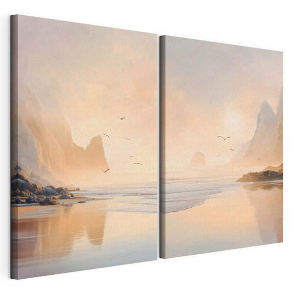 Strand met bergen en een waterpartij Modulaire canvasprint Strand met bergen en een waterpartij