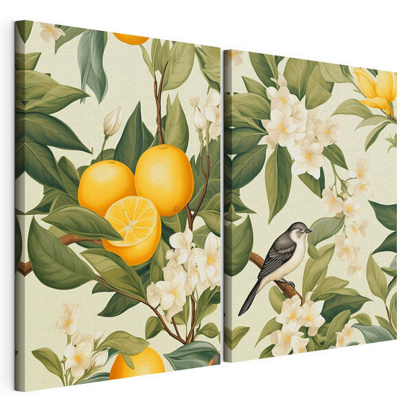 Twee afbeeldingen van sinaasappels en bloemen Modulaire canvasprint Twee afbeeldingen van sinaasappels en bloemen