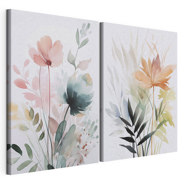 Schilderij van bloemen en bladeren Modulaire canvasprint Schilderij van bloemen en bladeren