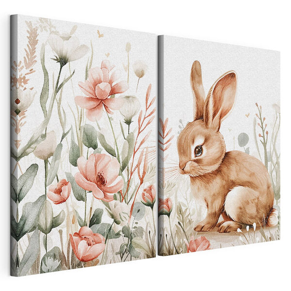 Konijn en bloemen Modulaire canvasprint Konijn en bloemen