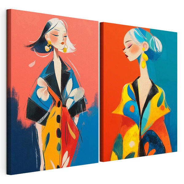 Collage van een vrouw in een kleurrijke jas Modulaire canvasprint Collage van een vrouw in een kleurrijke jas