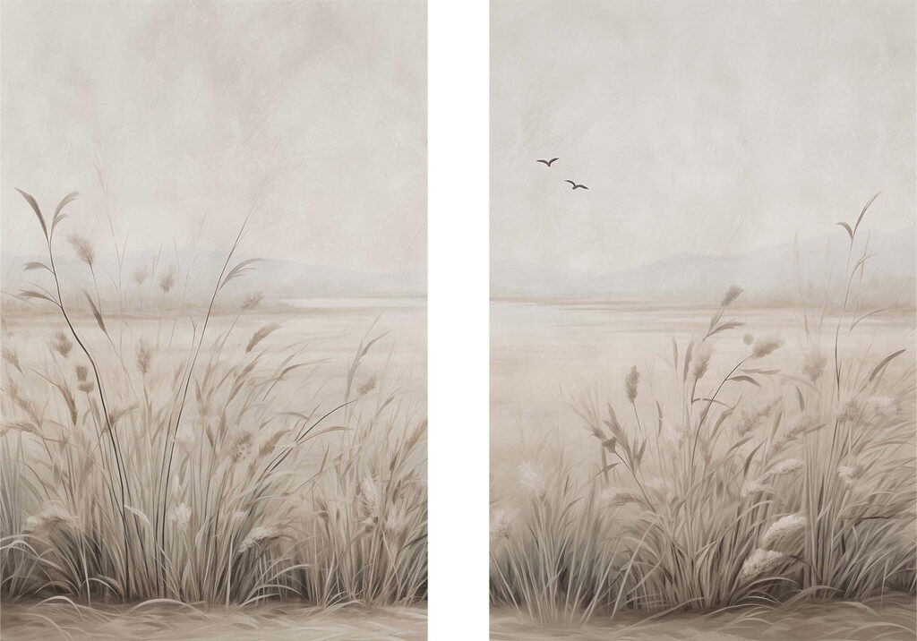 Painting of grass and birds flying Painting of grass and birds flying