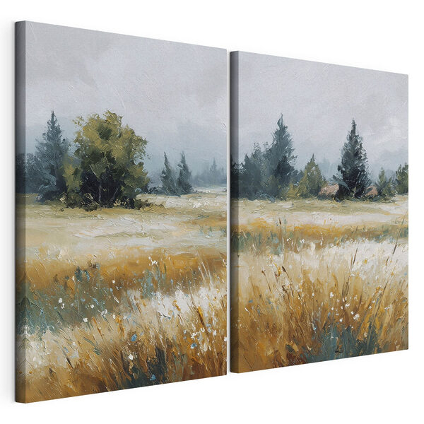 Schilderij van een veld met bomen Modulaire canvasprint Schilderij van een veld met bomen