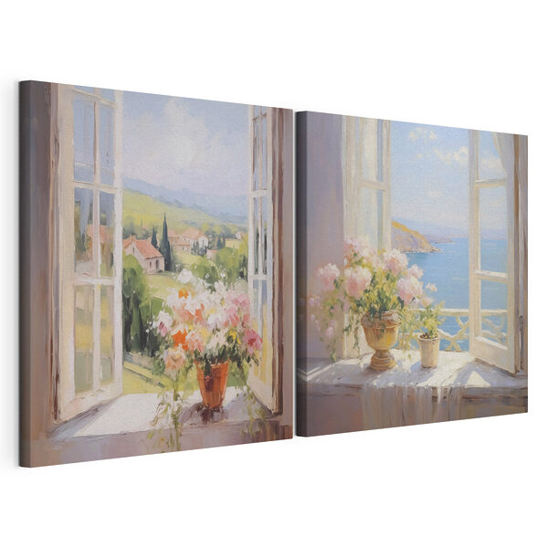 Schilderij van bloemen op een vensterbank Modulaire canvasprint Schilderij van bloemen op een vensterbank