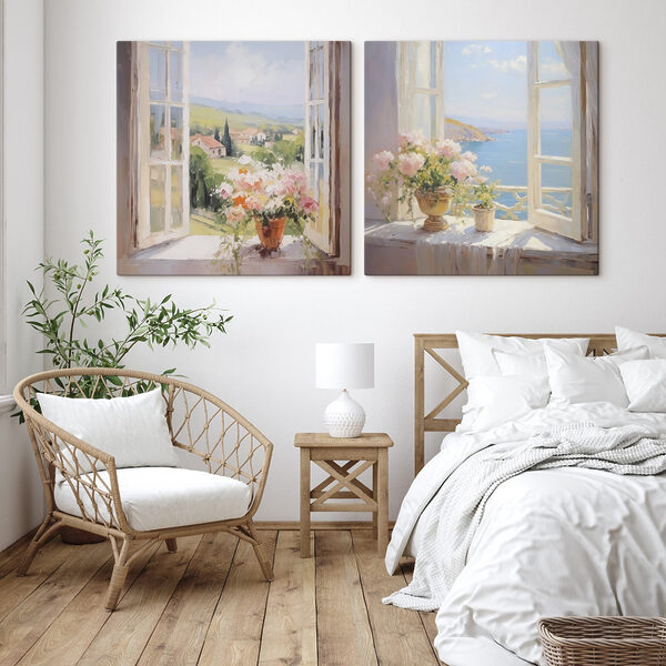 Painting of flowers on a window sill Painting of flowers on a window sill