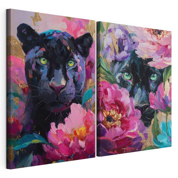 Schilderij van een panter en een panter met bloemen Modulaire canvasprint Schilderij van een panter en een panter met bloemen