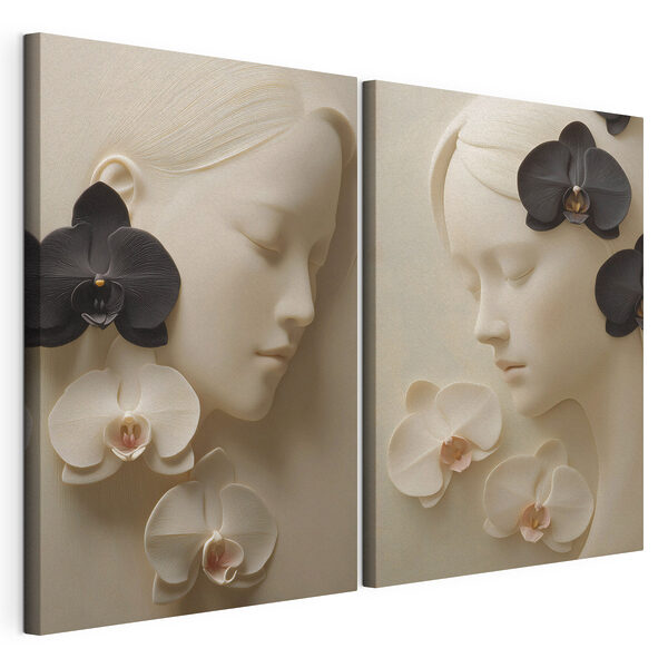 Collage van het gezicht van een vrouw met bloemen Modulaire canvasprint Collage van het gezicht van een vrouw met bloemen