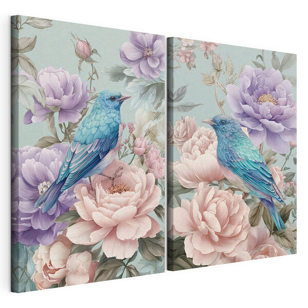 Een paar foto’s van vogels op bloemen Modulaire canvasprint Een paar foto’s van vogels op bloemen