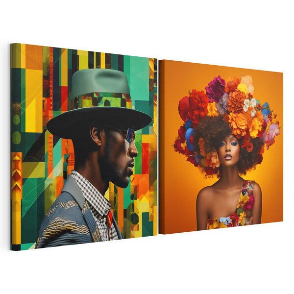 Man en vrouw met bloemen in hun haar Modulaire canvasprint Man en vrouw met bloemen in hun haar