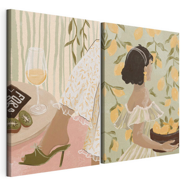 Vrouw met een schaal citroenen in haar handen Modulaire canvasprint Vrouw met een schaal citroenen in haar handen