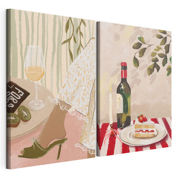 Schilderij van de voeten van een vrouw en een taart op een tafel Modulaire canvasprint Schilderij van de voeten van een vrouw en een taart op een tafel