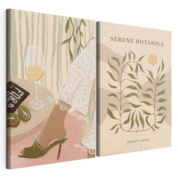 Twee posters met daarop de benen van een vrouw en een glas wijn Modulaire canvasprint Twee posters met daarop de benen van een vrouw en een glas wijn