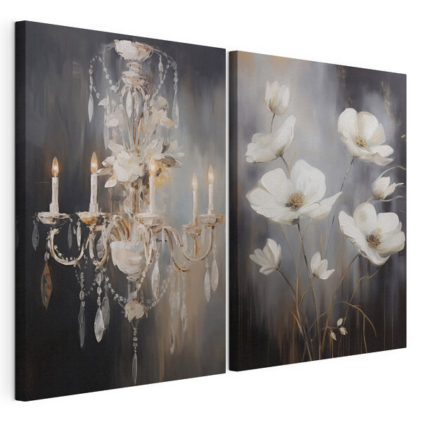 Schilderij van bloemen en een kroonluchter Modulaire canvasprint Schilderij van bloemen en een kroonluchter