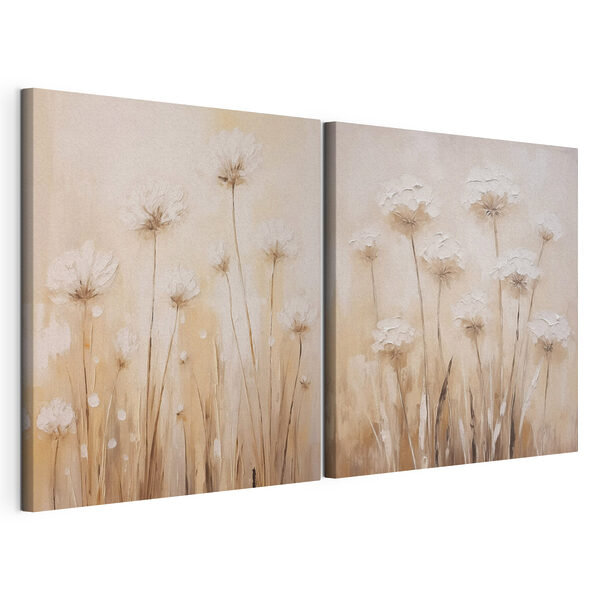 Schilderij van bloemen op een beige achtergrond Modulaire canvasprint Schilderij van bloemen op een beige achtergrond