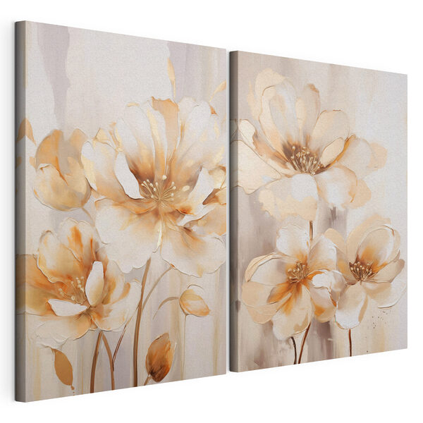 Twee schilderijen van bloemen op een beige achtergrond Modulaire canvasprint Twee schilderijen van bloemen op een beige achtergrond