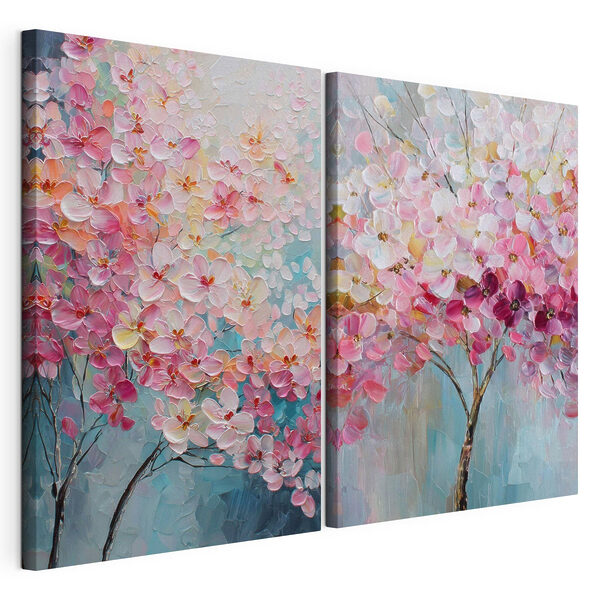 Schilderij van een boom met roze bloemen Modulaire canvasprint Schilderij van een boom met roze bloemen