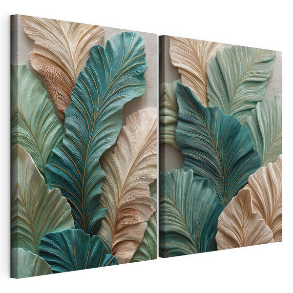 Kunstwerk met een compositie van groene en beige bladeren Modulaire canvasprint Kunstwerk met een compositie van groene en beige bladeren