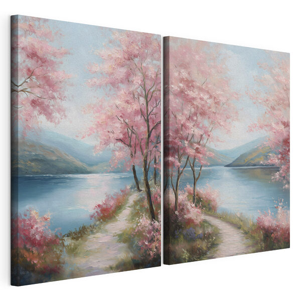 Modulaire canvasprint Schilderij van een pad langs een meer met roze bloemen