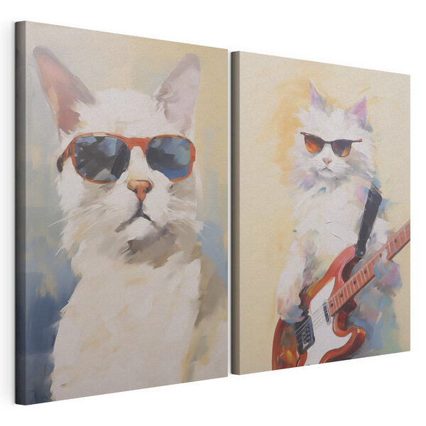 Kat met een zonnebril op en een gitaar in de hand Modulaire canvasprint Kat met een zonnebril op en een gitaar in de hand