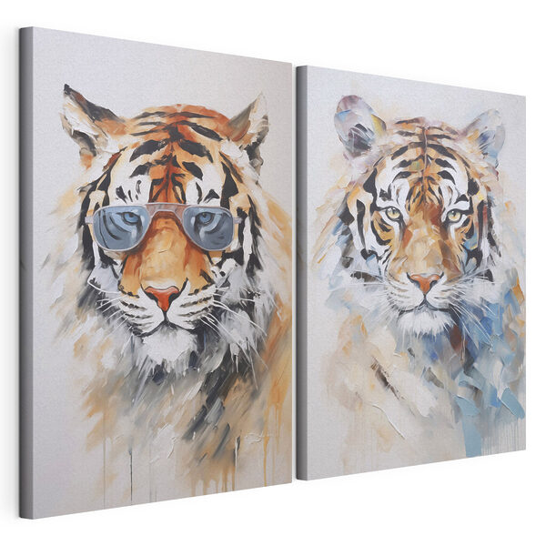 Twee foto's van tijgers met een zonnebril op Modulaire canvasprint Twee foto's van tijgers met een zonnebril op
