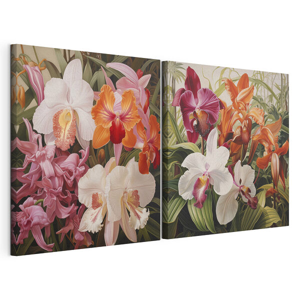 Kleurrijke orchideeën in een spetterende opstelling Modulaire canvasprint Kleurrijke orchideeën in een spetterende opstelling