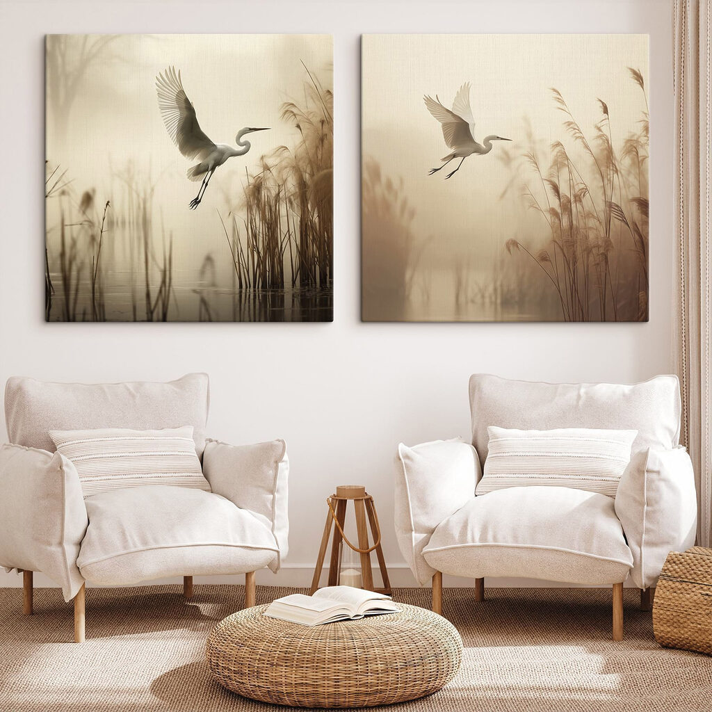 Modulaire canvasprint Witte vogel die over het water vliegt (Artikelnummer: m30199)