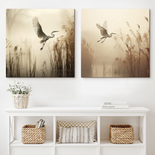 Modulaire canvasprint Witte vogel die over het water vliegt (Artikelnummer: m30199)