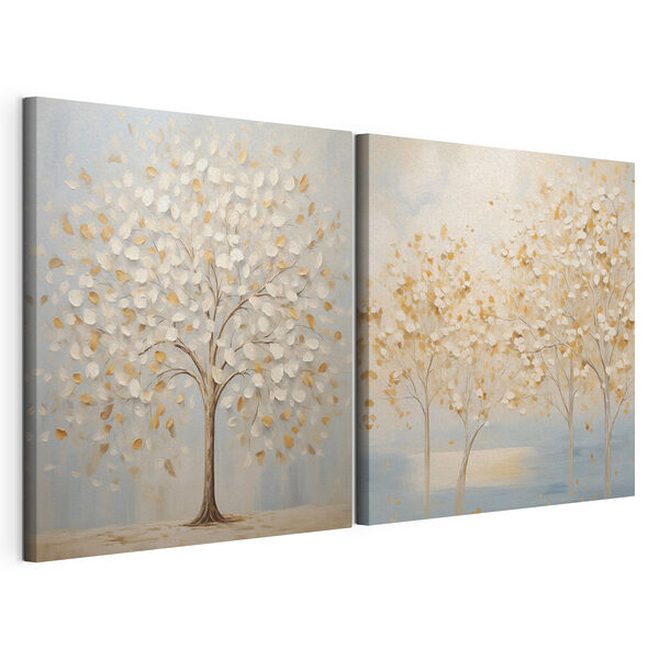 Modulaire canvasprint Twee schilderijen van bomen met bladeren