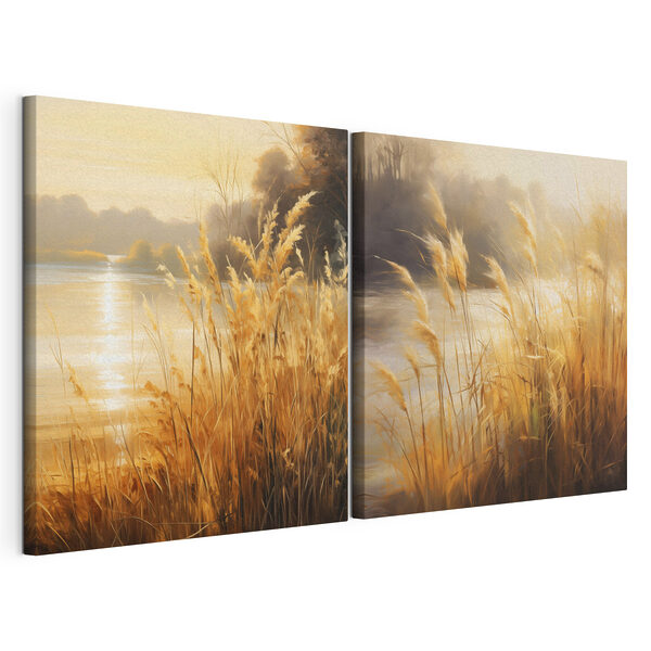 Schilderij van een rivier en een grasveld Modulaire canvasprint Schilderij van een rivier en een grasveld