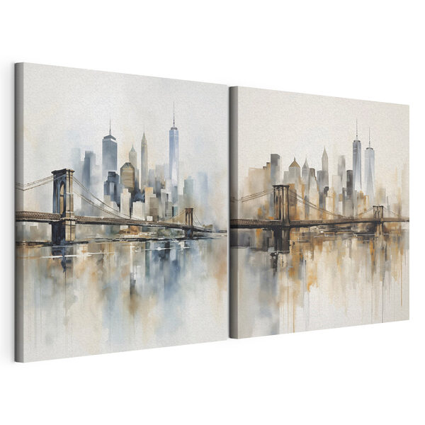 Schilderij van een stad en een brug Modulaire canvasprint Schilderij van een stad en een brug