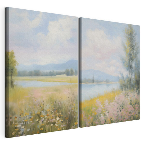 Modulaire canvasprint Schilderij van een landschap met een rivier en een bloemenveld