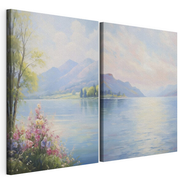 Modulaire canvasprint Schilderij van een meer en bergen