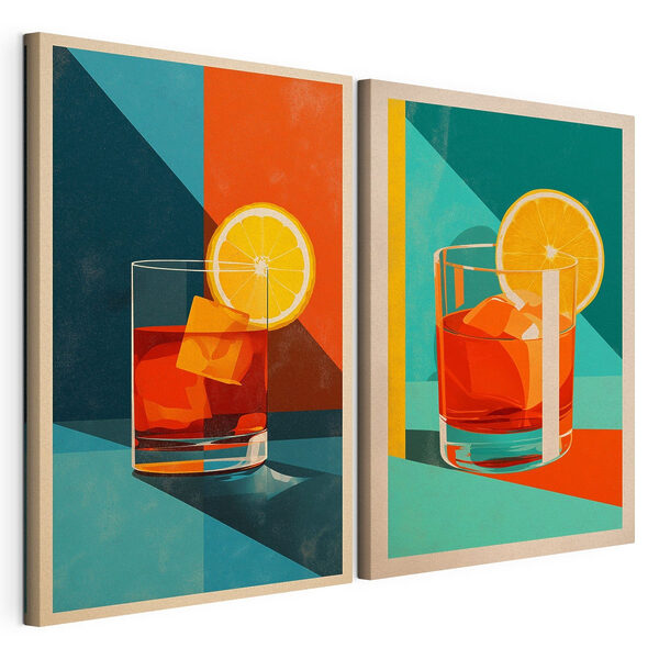 Twee foto's van een drankje met ijsblokjes en een citroen Modulaire canvasprint Twee foto's van een drankje met ijsblokjes en een citroen