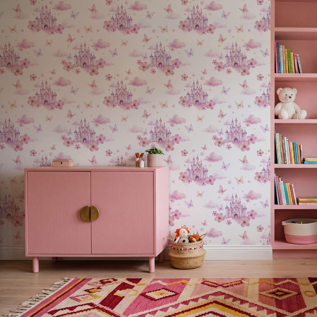 Motief met roze en paarse vlinders en een kasteel Motief met roze en paarse vlinders en een kasteel