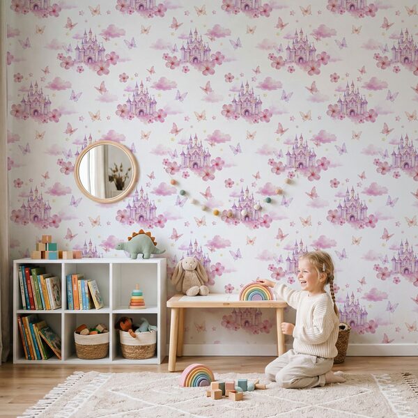 Fotobehang Motief met roze en paarse vlinders en een kasteel (Artikelnummer: t00942) Fotobehang Fotobehang Motief met roze en paarse vlinders en een kasteel (Artikelnummer: t00942)
