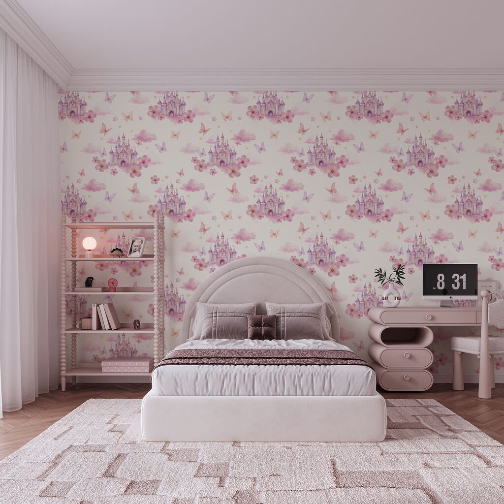 Motief met roze en paarse vlinders en een kasteel Motief met roze en paarse vlinders en een kasteel