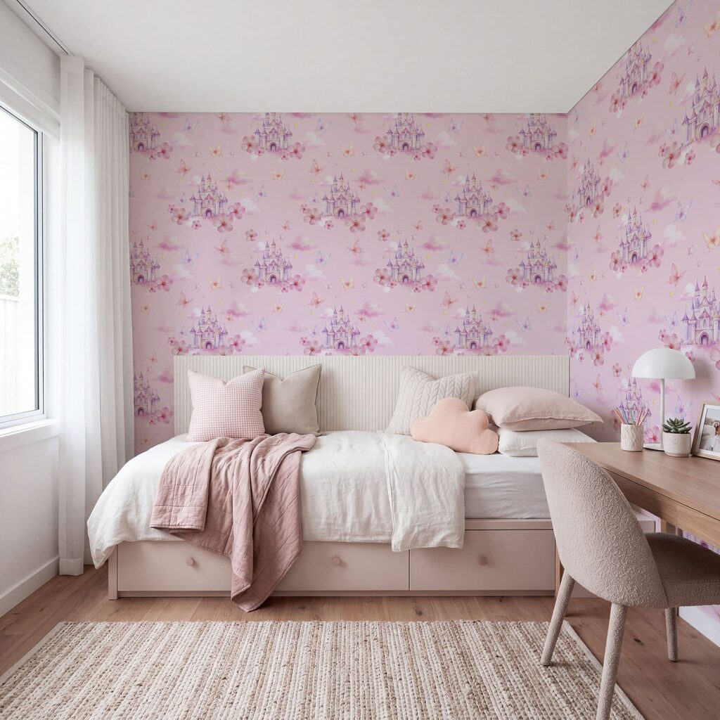 Roze achtergrond met roze wolken en vlinders Roze achtergrond met roze wolken en vlinders