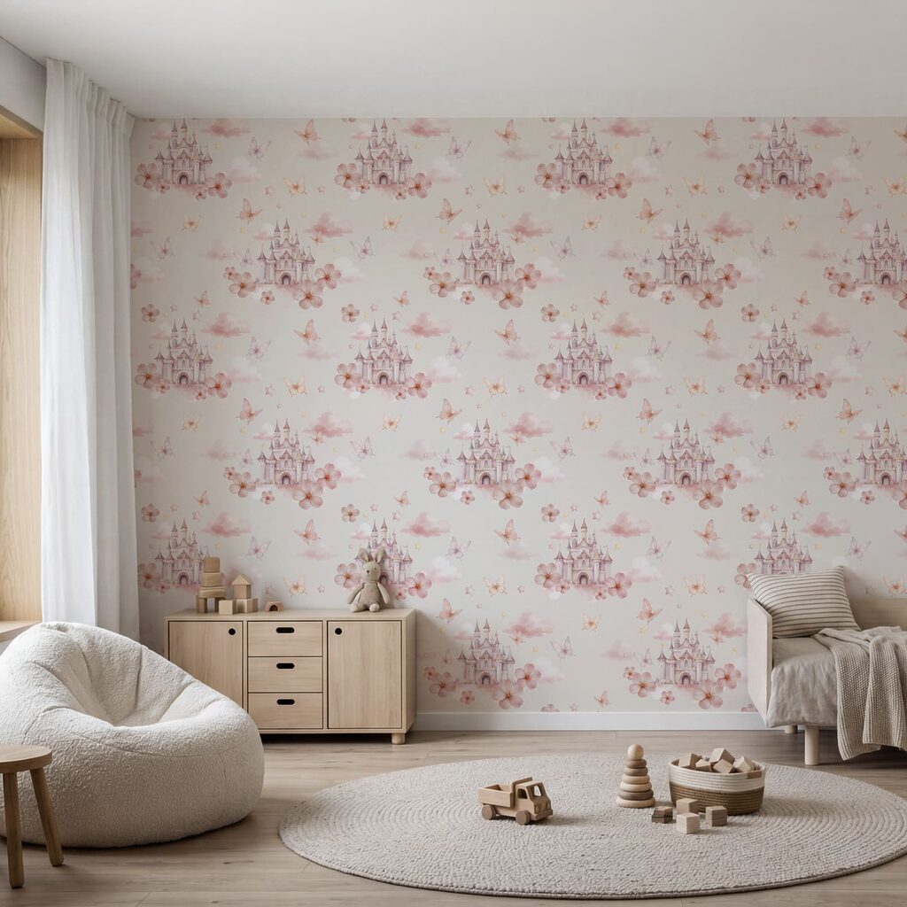 Motief met roze vlinders en een kasteel Motief met roze vlinders en een kasteel