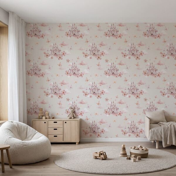 Fotobehang Motief met roze vlinders en een kasteel (Artikelnummer: t00942v2) Fotobehang Fotobehang Motief met roze vlinders en een kasteel (Artikelnummer: t00942v2)