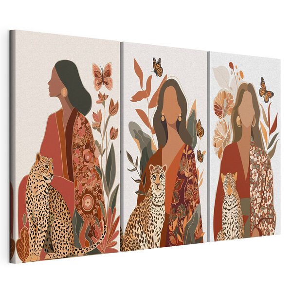 Modulaire canvasprint Vrouw die naast een cheeta zit
