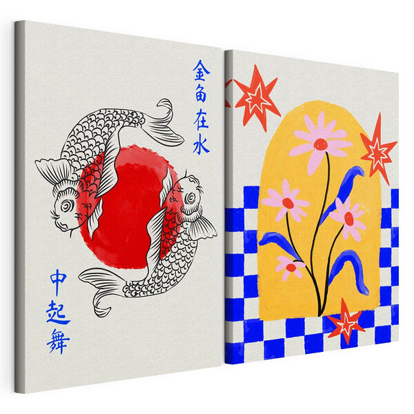 Twee kaarten met bloemen en vissen Modulaire canvasprint Twee kaarten met bloemen en vissen