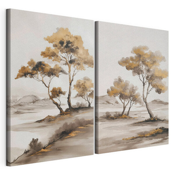 Schilderij van bomen in een woestijn Modulaire canvasprint Schilderij van bomen in een woestijn